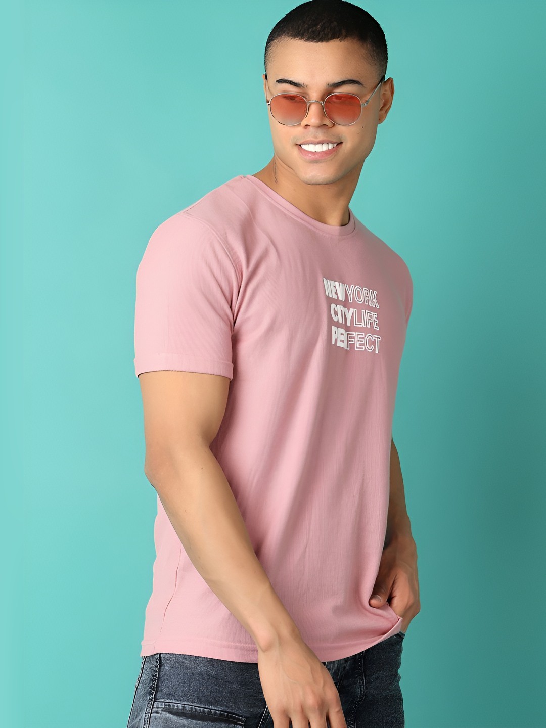 

V-Mart Men Typography Printed Round Neck Cotton Slim Fit T-shirt, Pink