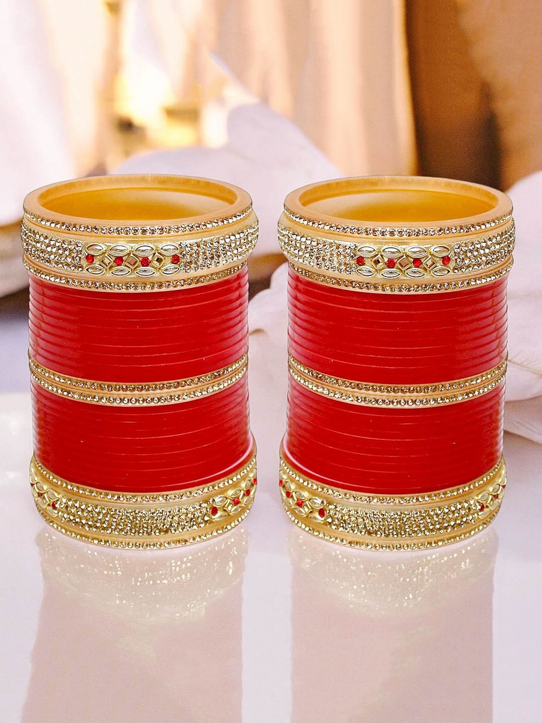 

LUCKY JEWELLERY Set Of 60 Stone Studded Bridal Bangles, Red