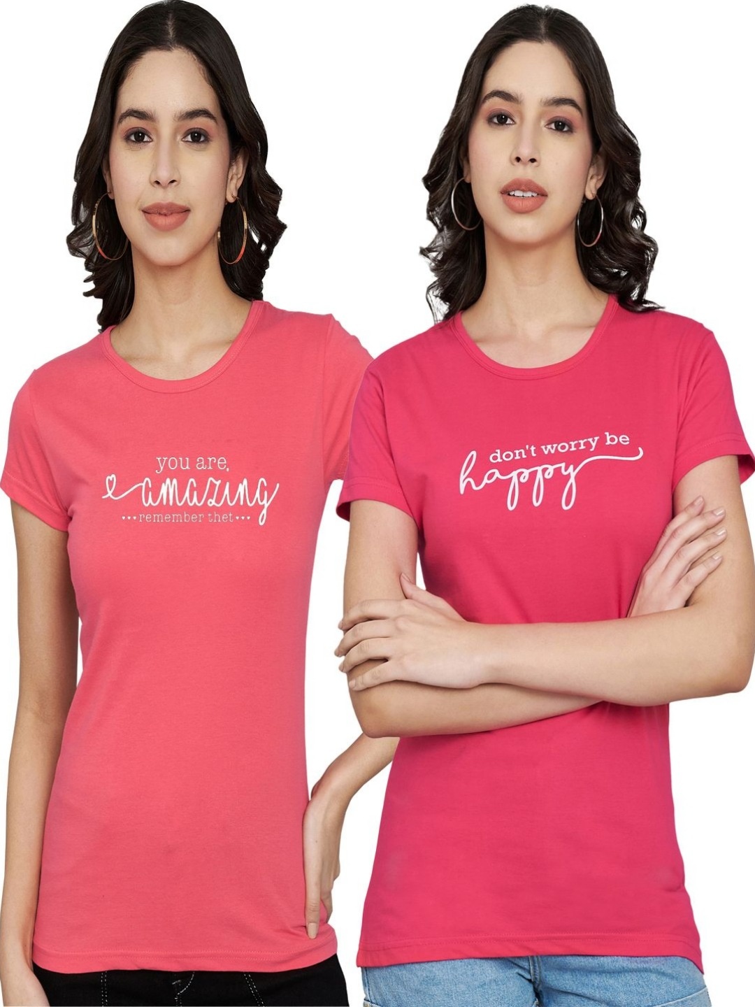 

Trend Level Women Pack Of 2 Typography Printed Round Neck Cotton T-shirts, Coral