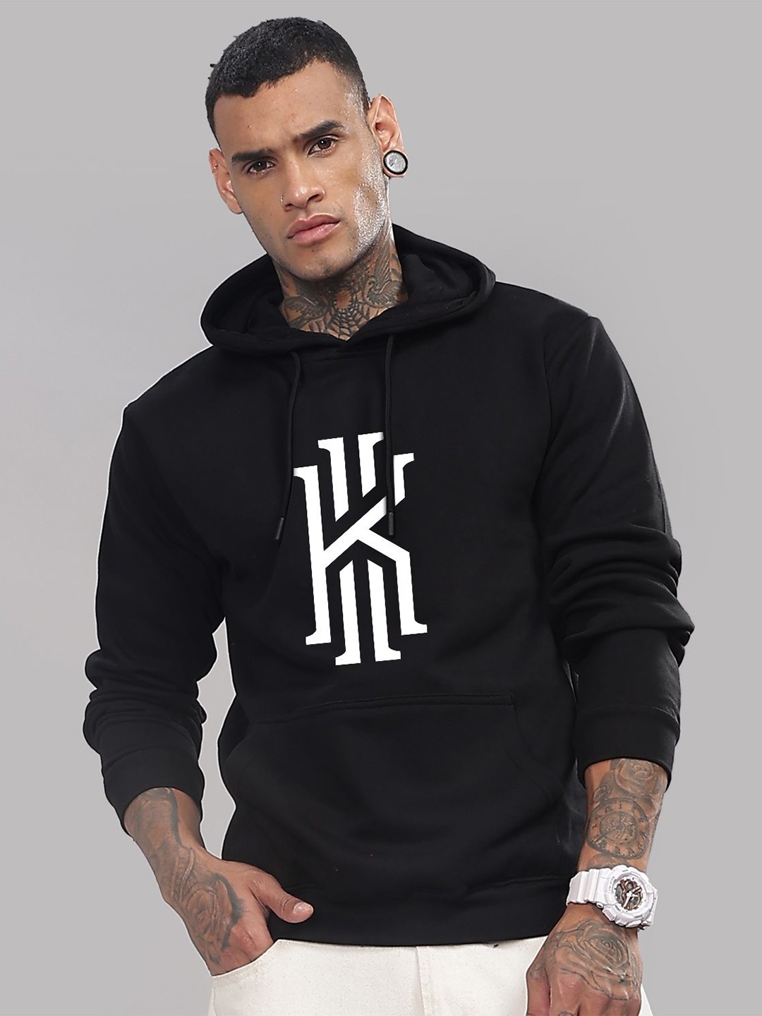 

ADRO Men Graphic Printed Hood Cotton Pullover Sweatshirt, Black