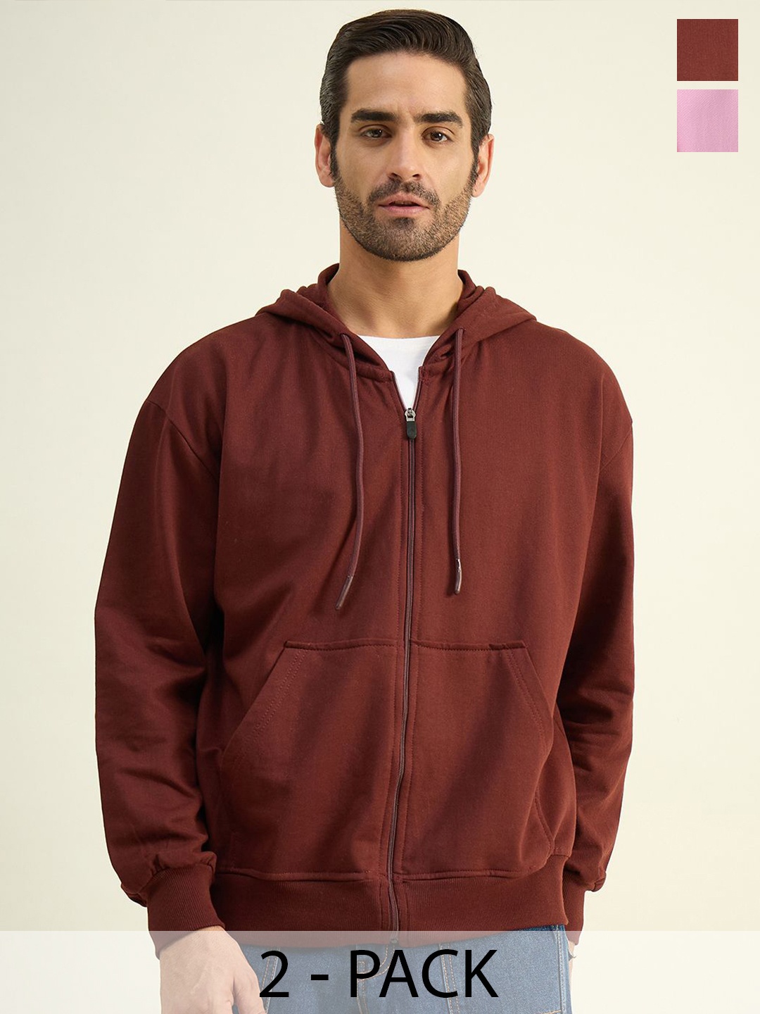 

COLOR CAPITAL Unisex Pack Of 2 Solid Hood Cotton Ribbed Sweatshirts, Brown