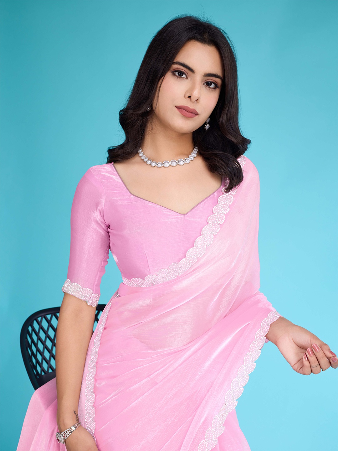 

Mitera Beads and Stones Organza Saree, Pink