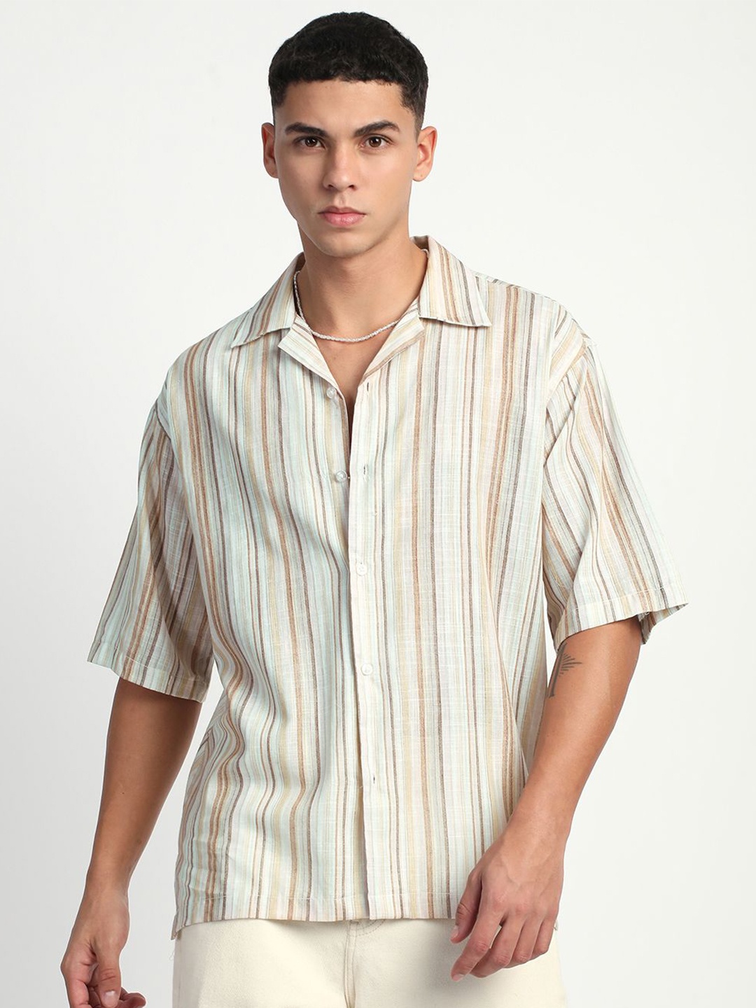 

Mark Leute Men Relaxed Cuban Collar Vertical Striped Linen Casual Shirt, Beige