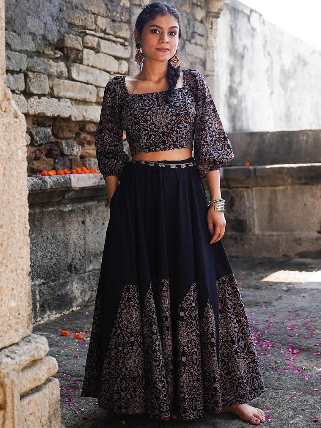 

OKHAI Women Printed Pure Cotton Flared Maxi Skirts, Black