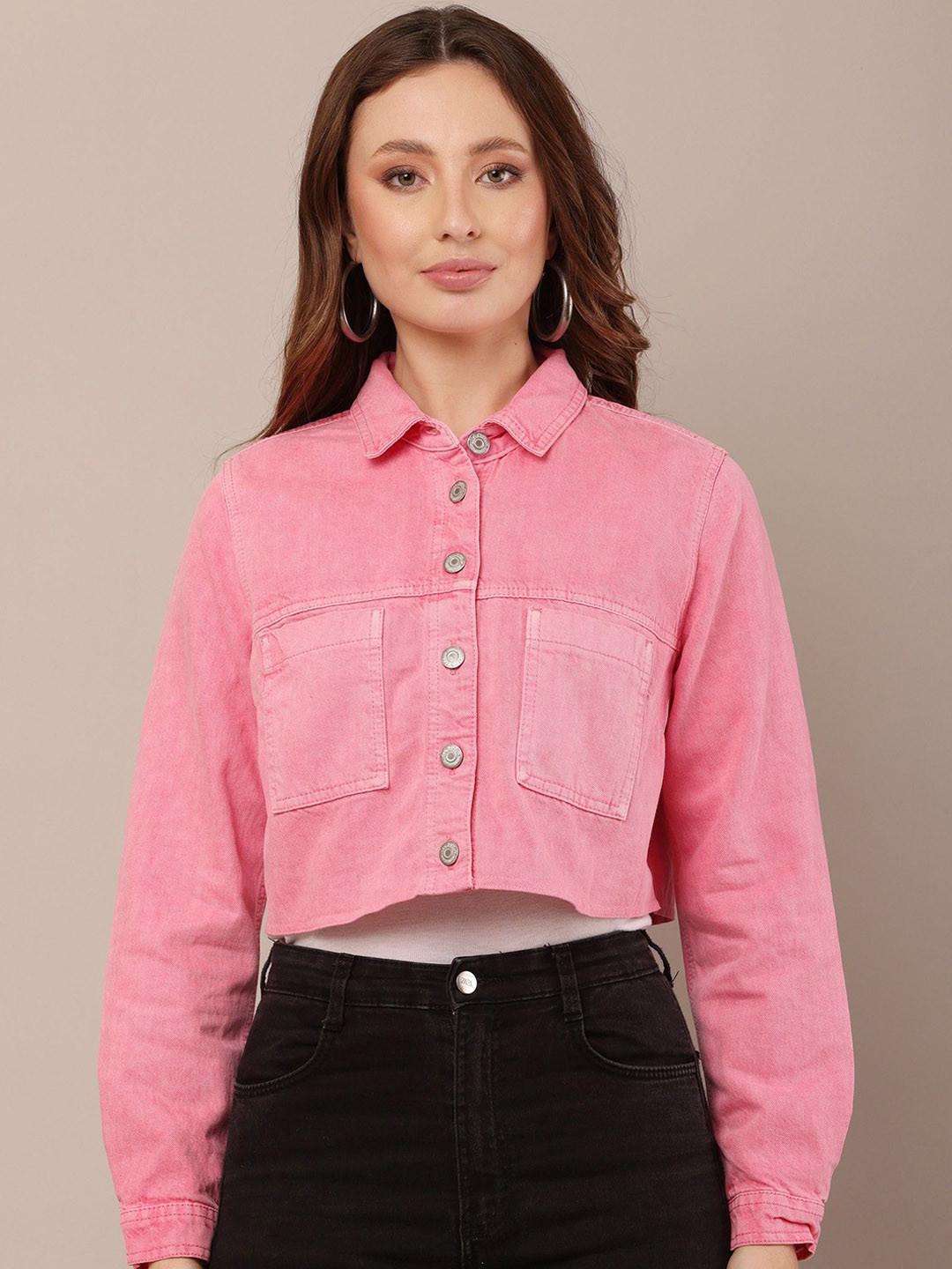

NoBarr Women Spread Collar Solid Cotton Casual Denim Jacket, Pink