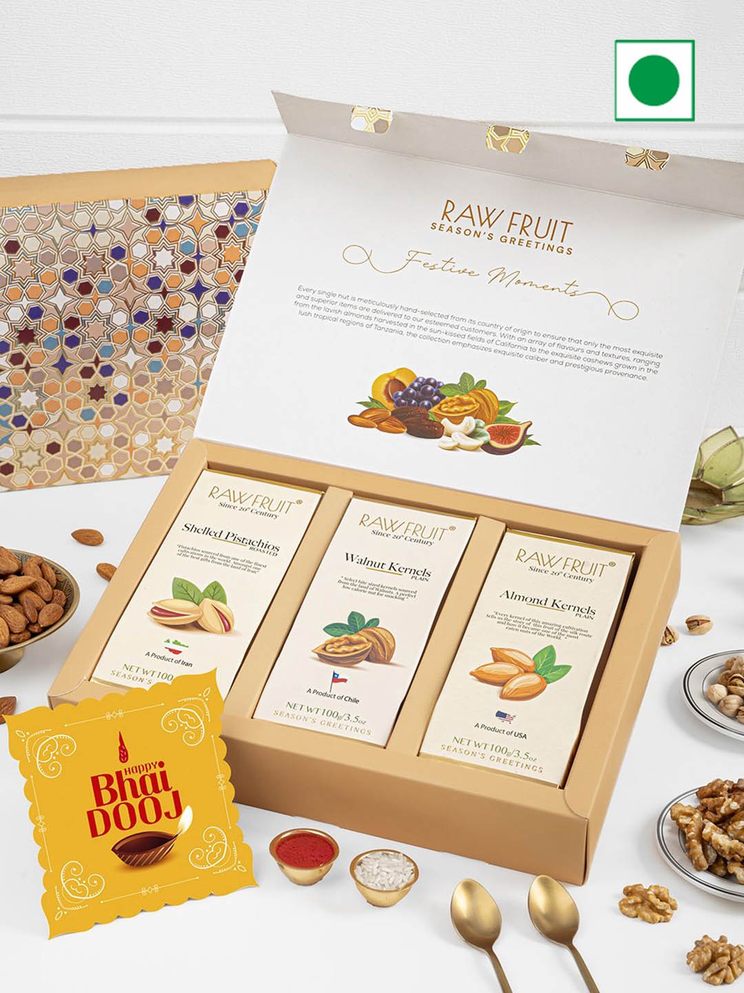 

RawFruit Bhai Dooj Dry Fruit Gift Pack With Roli Chawal, Beige