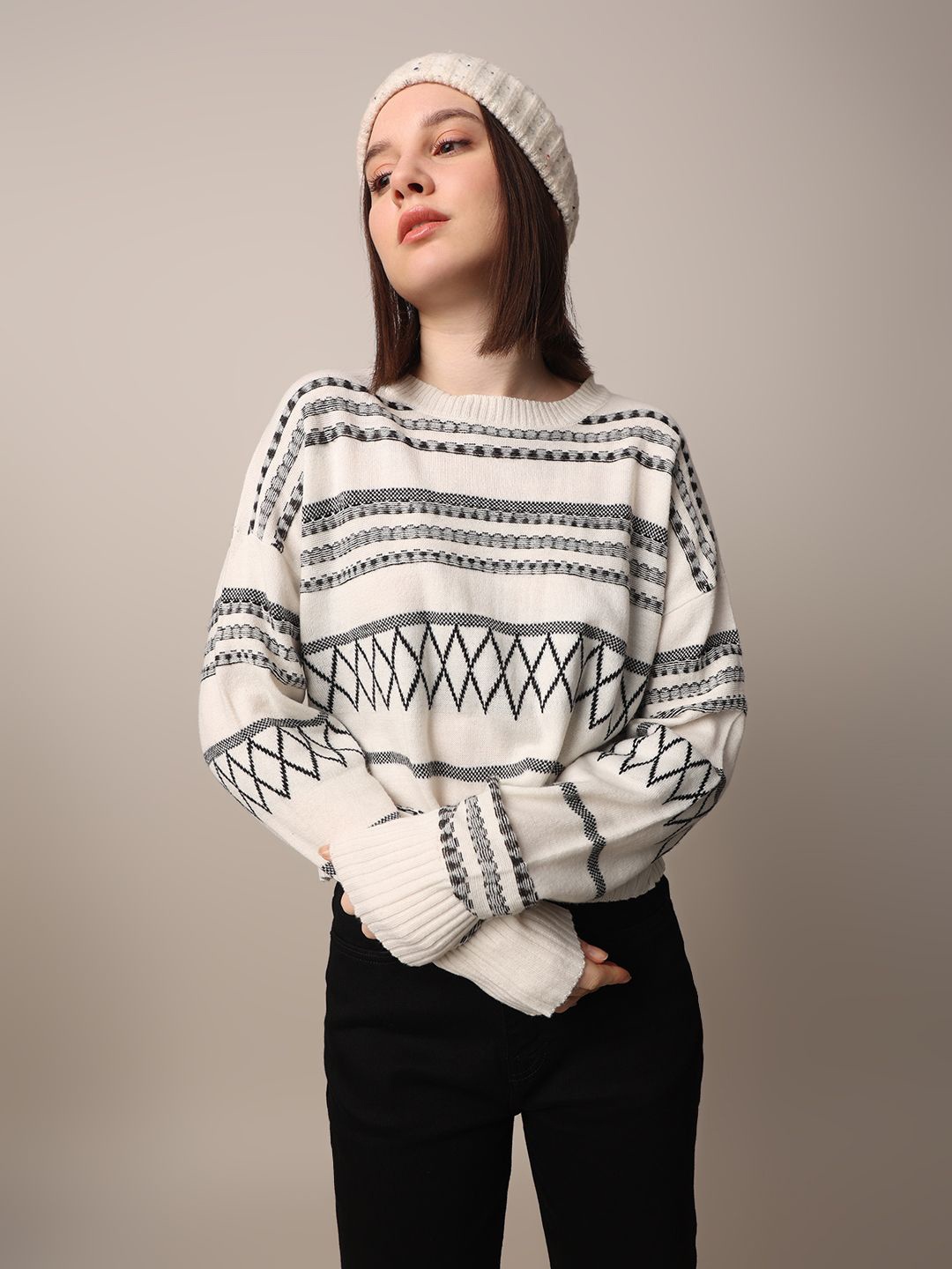 

ONLY Women Striped Printed Pullover, White