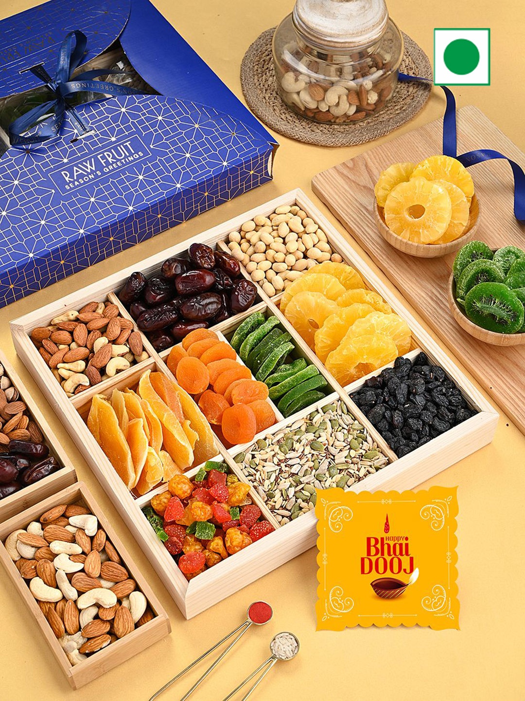 

RawFruit Bhai Dooj Dry Fruit Gift Pack With Roli Chawal, Blue