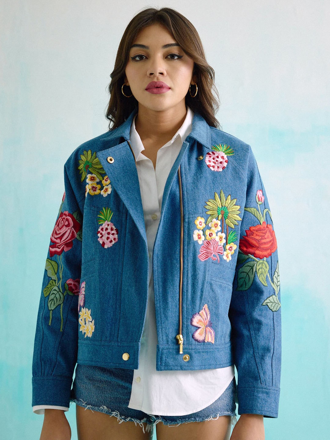 

BETRUE Women Floral Asymmetric Closure Embroidered Crop Cotton Denim Jacket, Blue