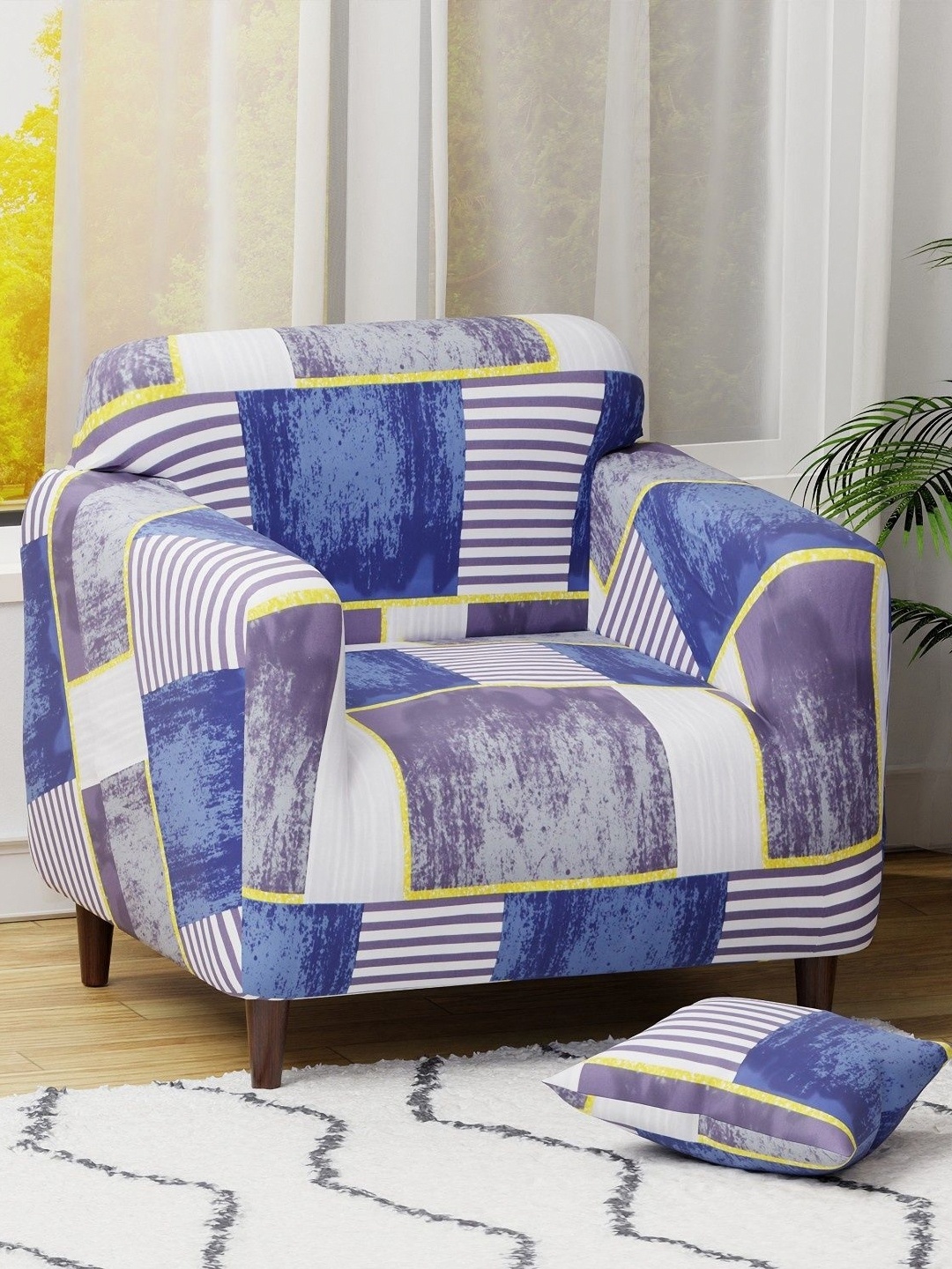 

Lukzer Blue & Grey Printed Sofa Cover With Arms