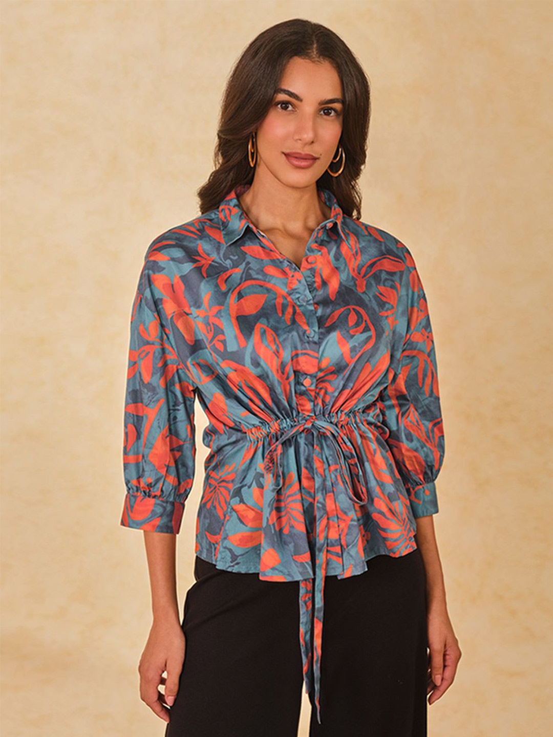 

AND Women Abstract Printed Shirt Collar Cotton Top, Multi