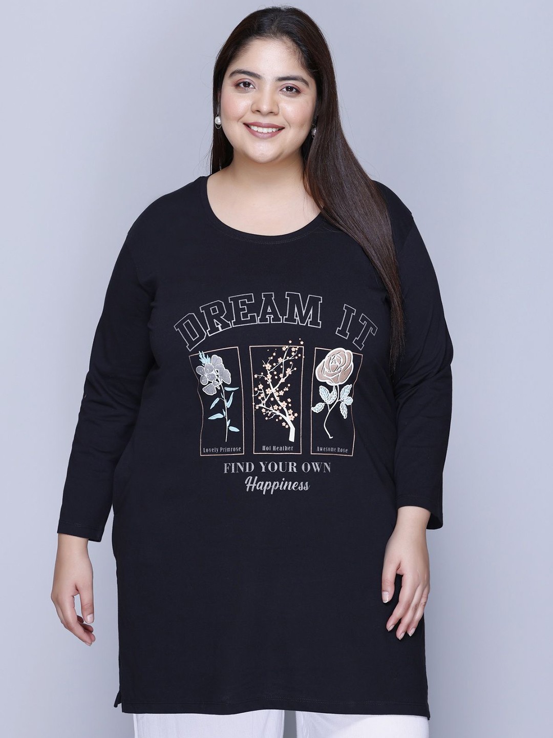 

IN Love Printed Cotton Full Sleeve Plus Size Long T-Shirt, Black