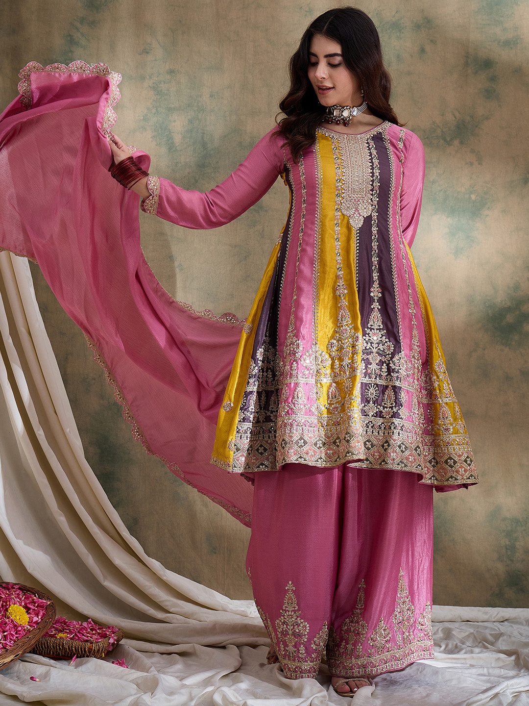 

Miss Ethnik Ethnic Motifs Embroidered Thread Work Anarkali Kurta With Sharara & Dupatta, Pink