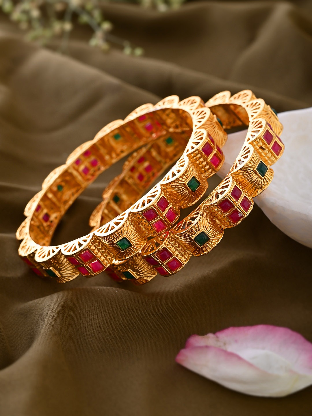

Shoshaa Set Of 2 Gold-Plated American Diamond Studded Bangles, Red