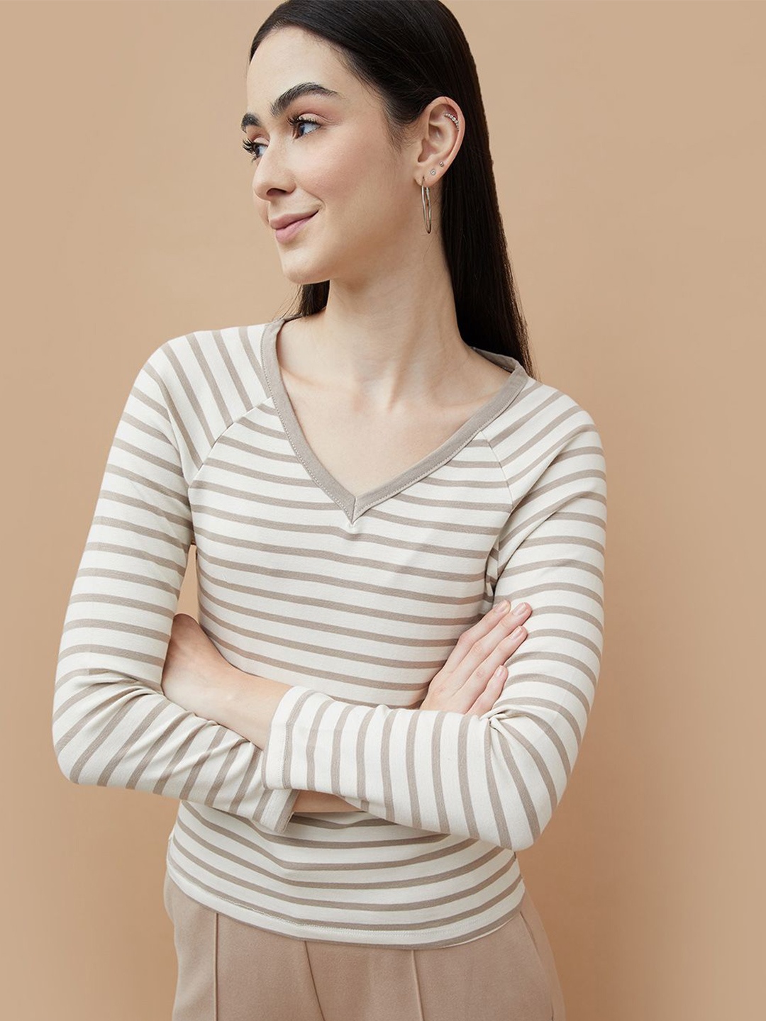 

Fame Forever by Lifestyle Women Horizontal Striped V-Neck Top, Beige