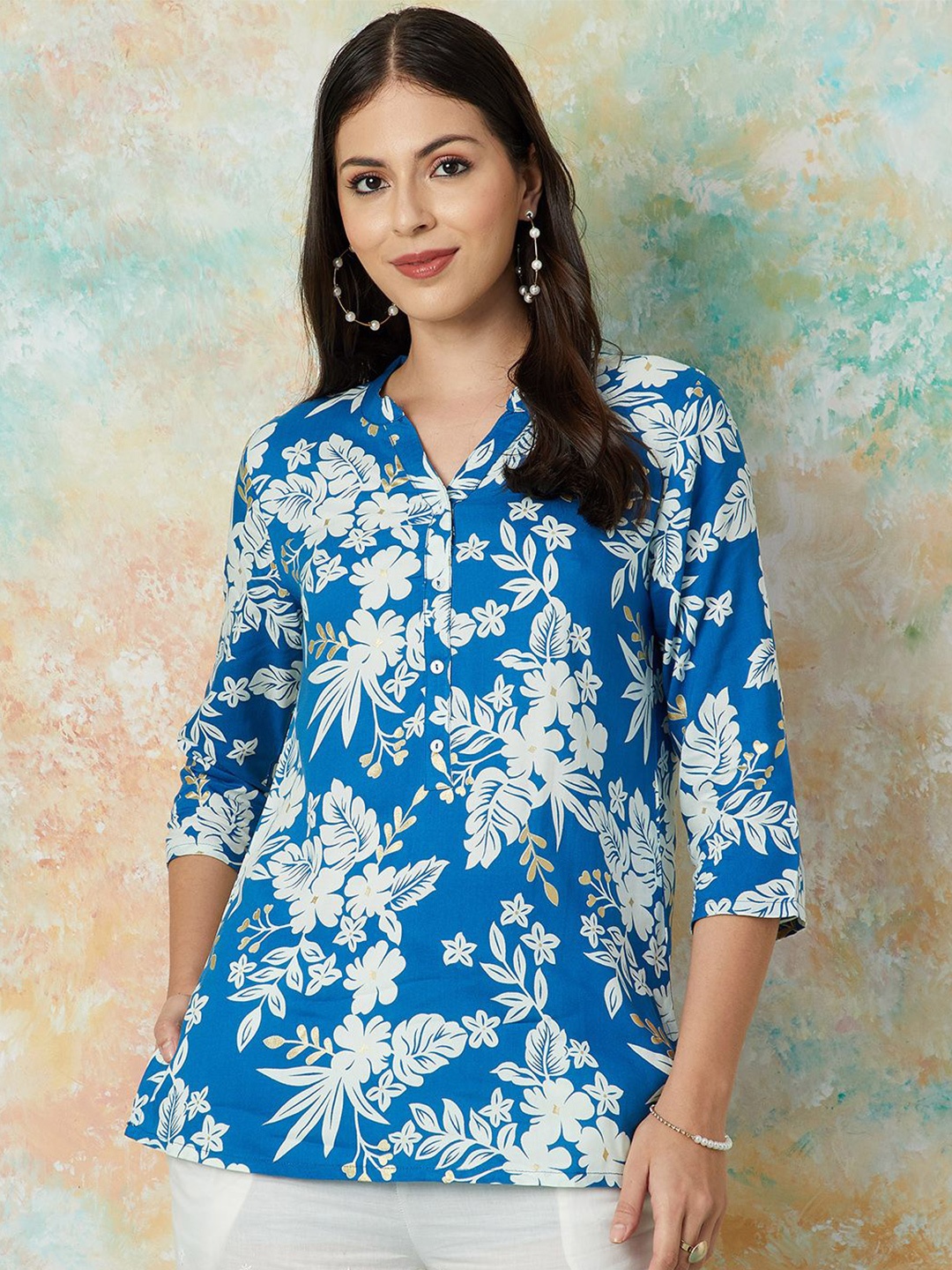 

Melange by Lifestyle Women Floral Printed mandarin Collar Kurti, Blue