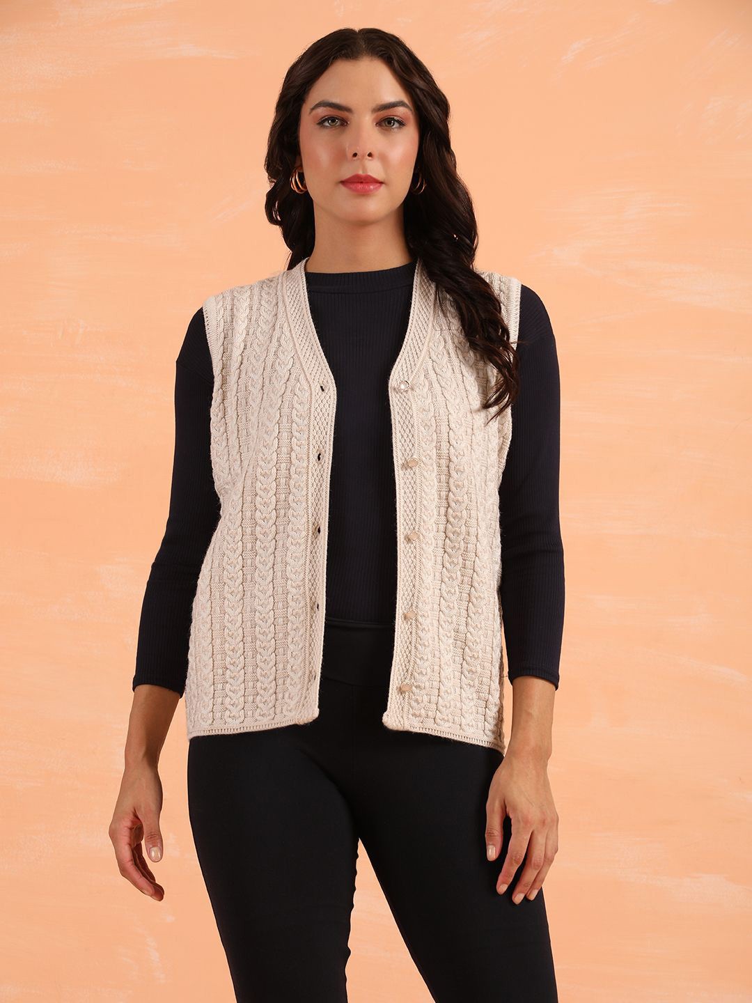 

Cayman Women Cable Knit Woollen Cardigan, Beige