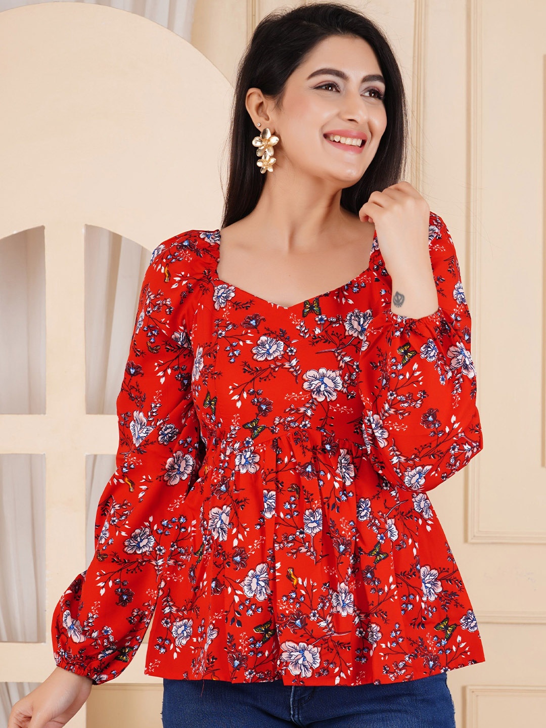 

ELYRAA Women Floral Printed Sweetheart Neck Top, Red