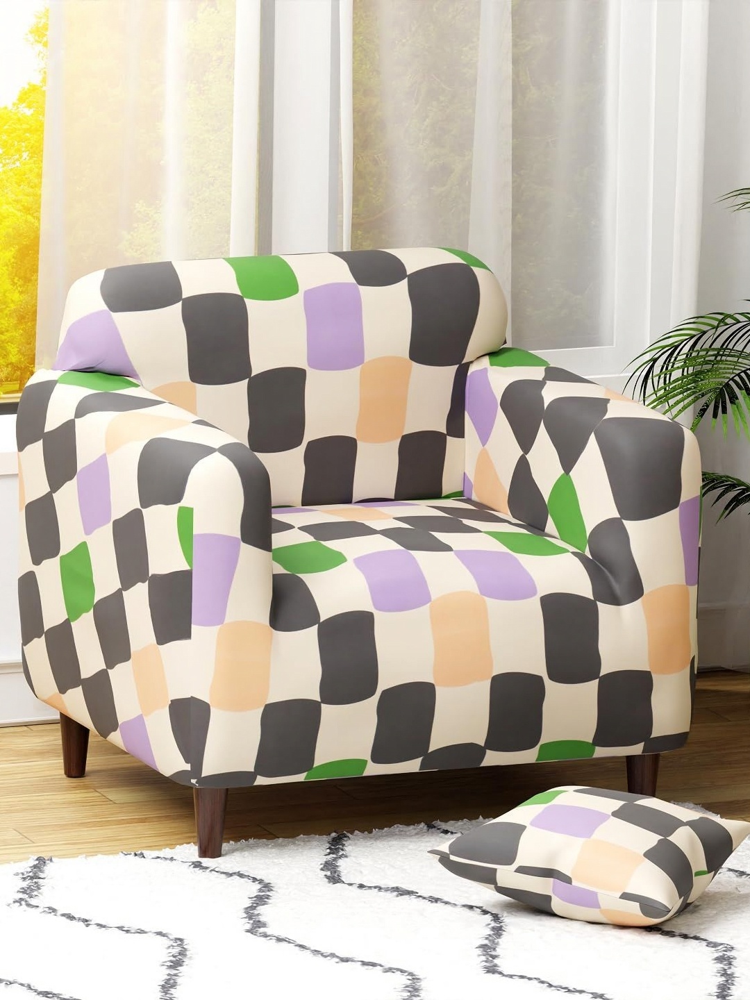 

Lukzer White & Black Printed Sofa Cover With Arms