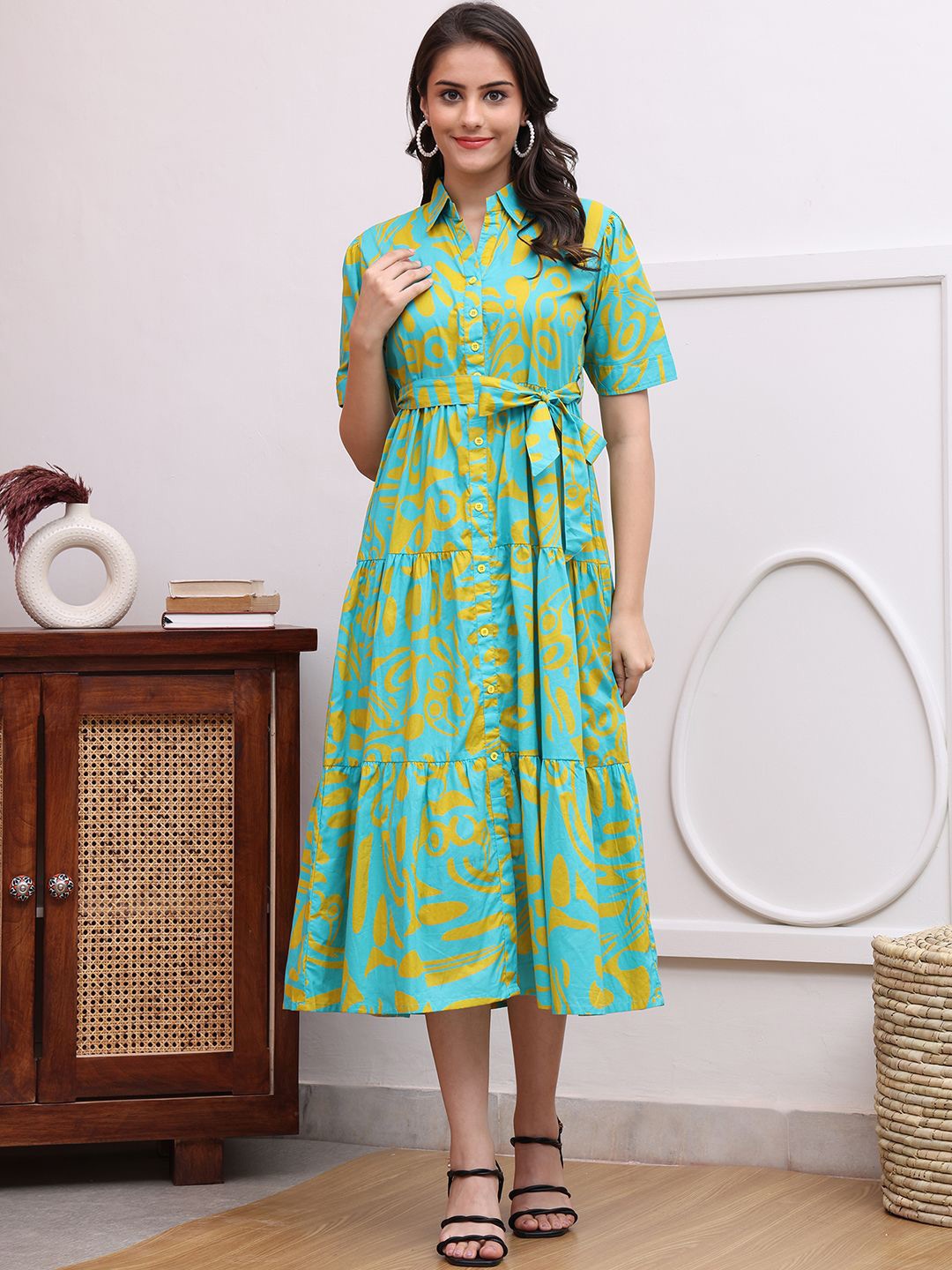 

Claura Women Printed Shirt Collar Cotton Fit and Flare Dress, Blue