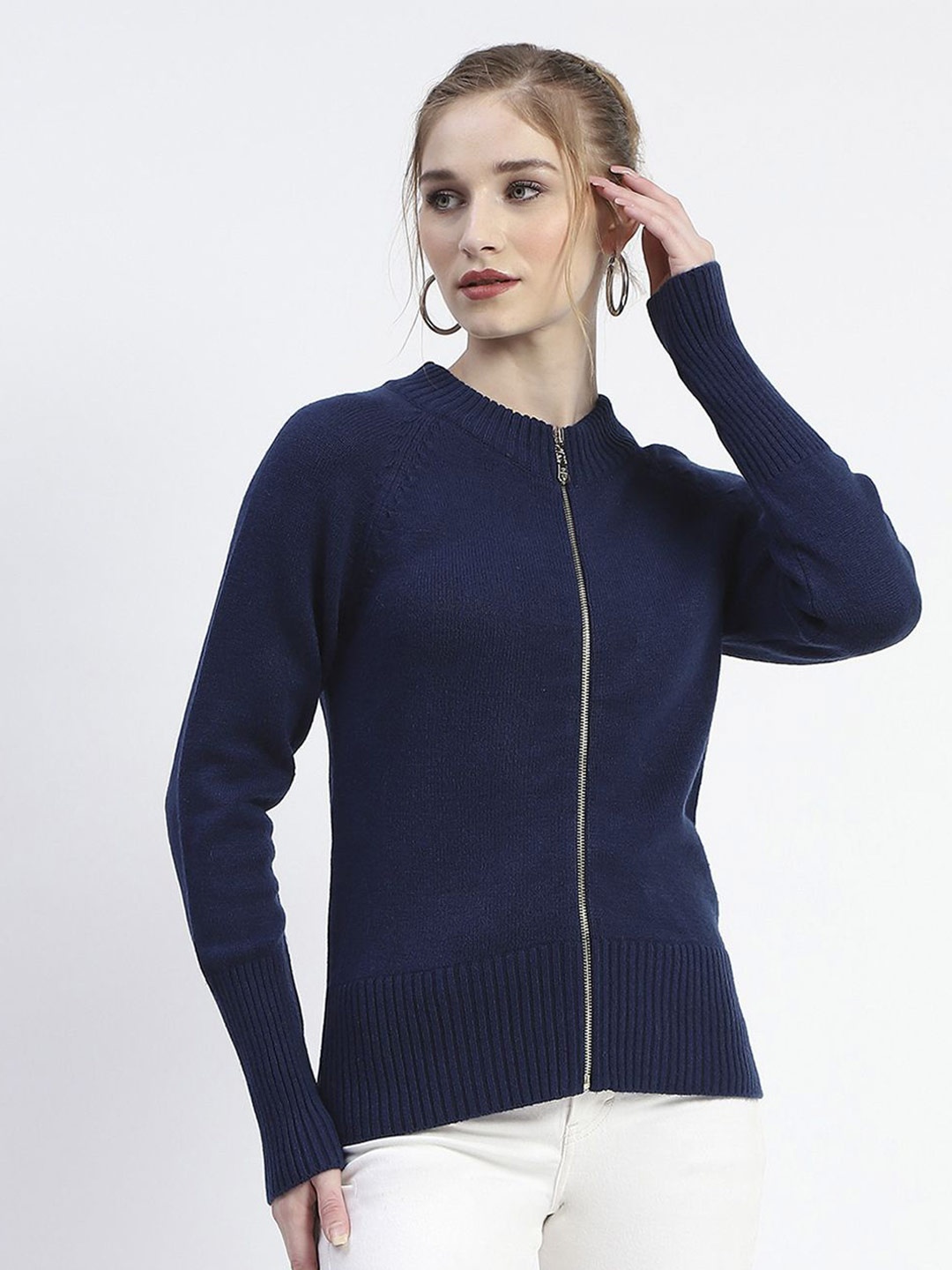 

Madame Women Solid Ribbed Cardigan Sweater, Blue