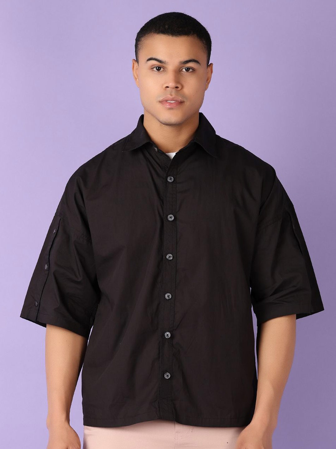 

V-Mart Men Spread Collar Solid Cotton Casual Shirt, Black