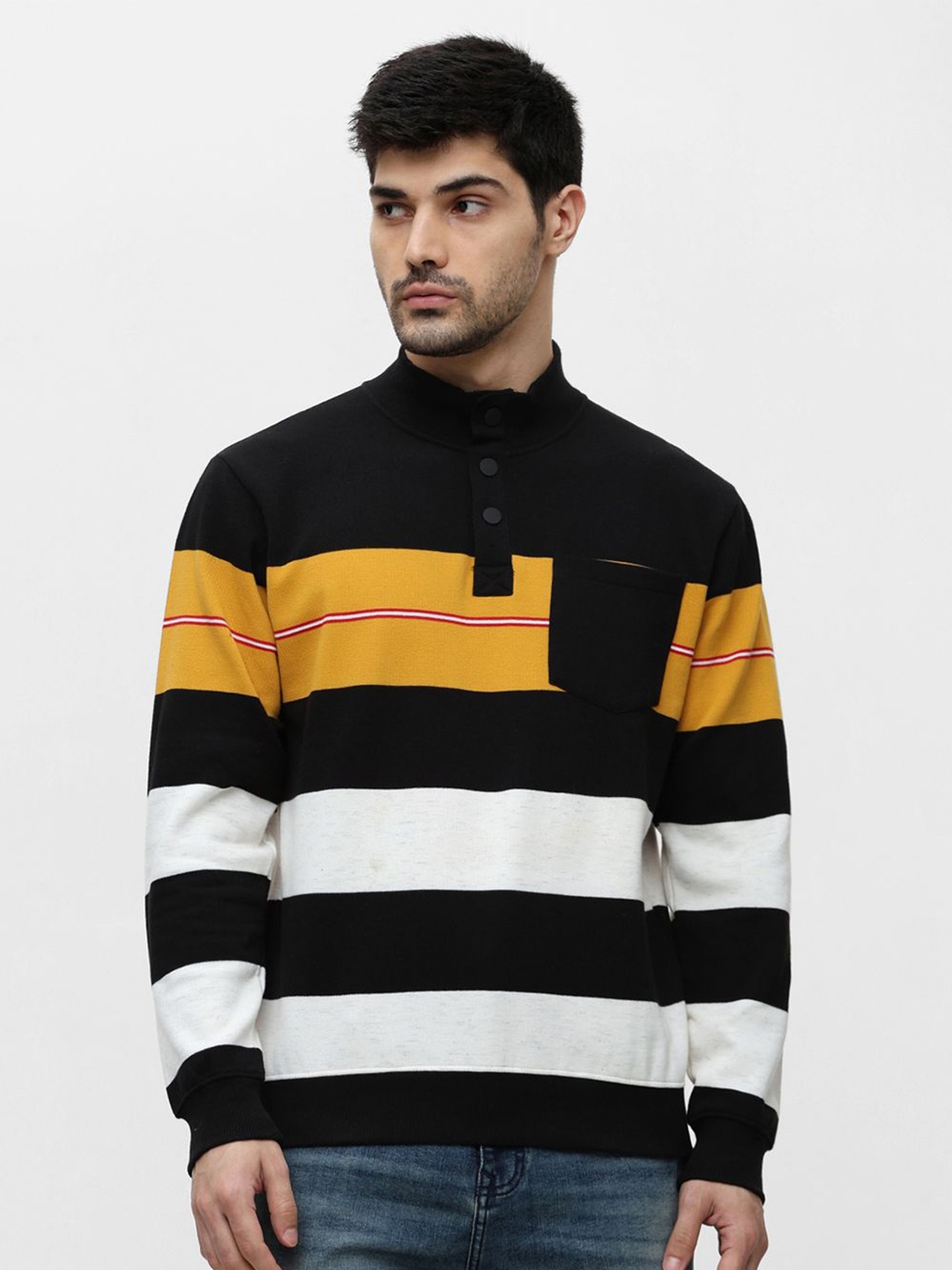 

Klub Fox Men Striped High Neck Cotton Pullover Sweatshirt, Mustard