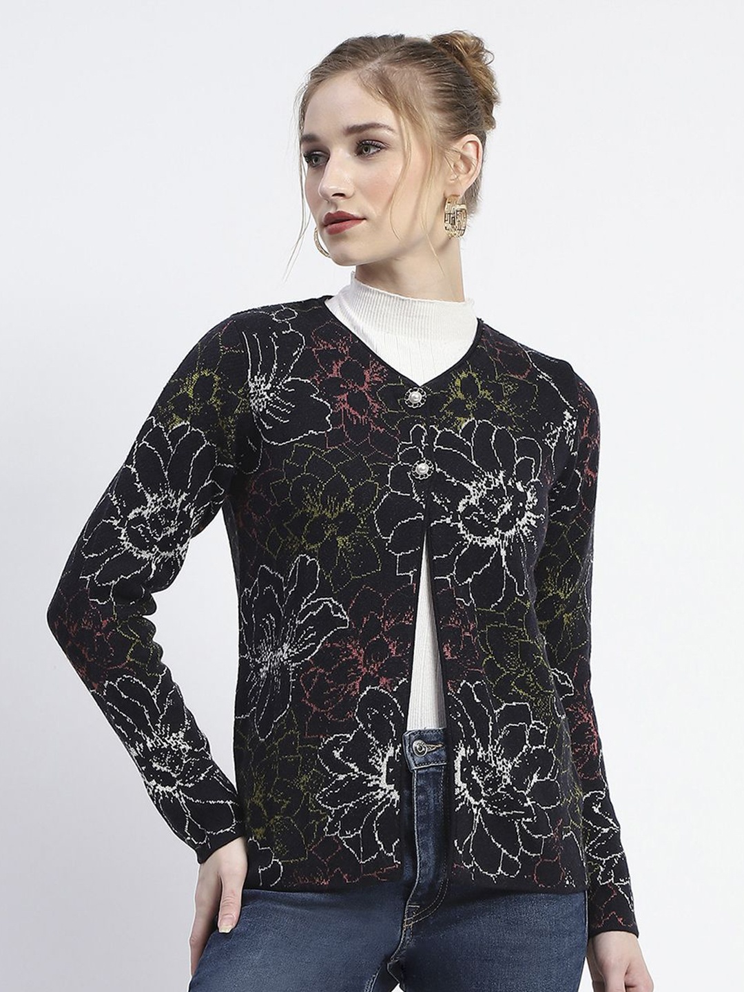 

Madame Women Floral Printed Cardigan, Black