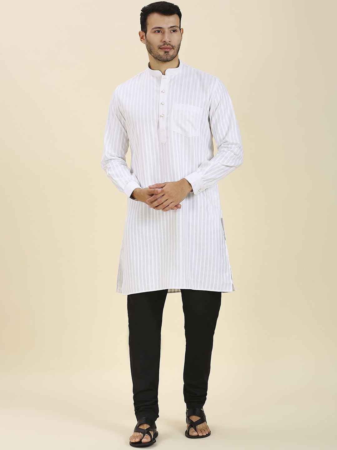 

RAJUBHAI HARGOVINDAS Men Striped Quirky Handloom Kurta, White