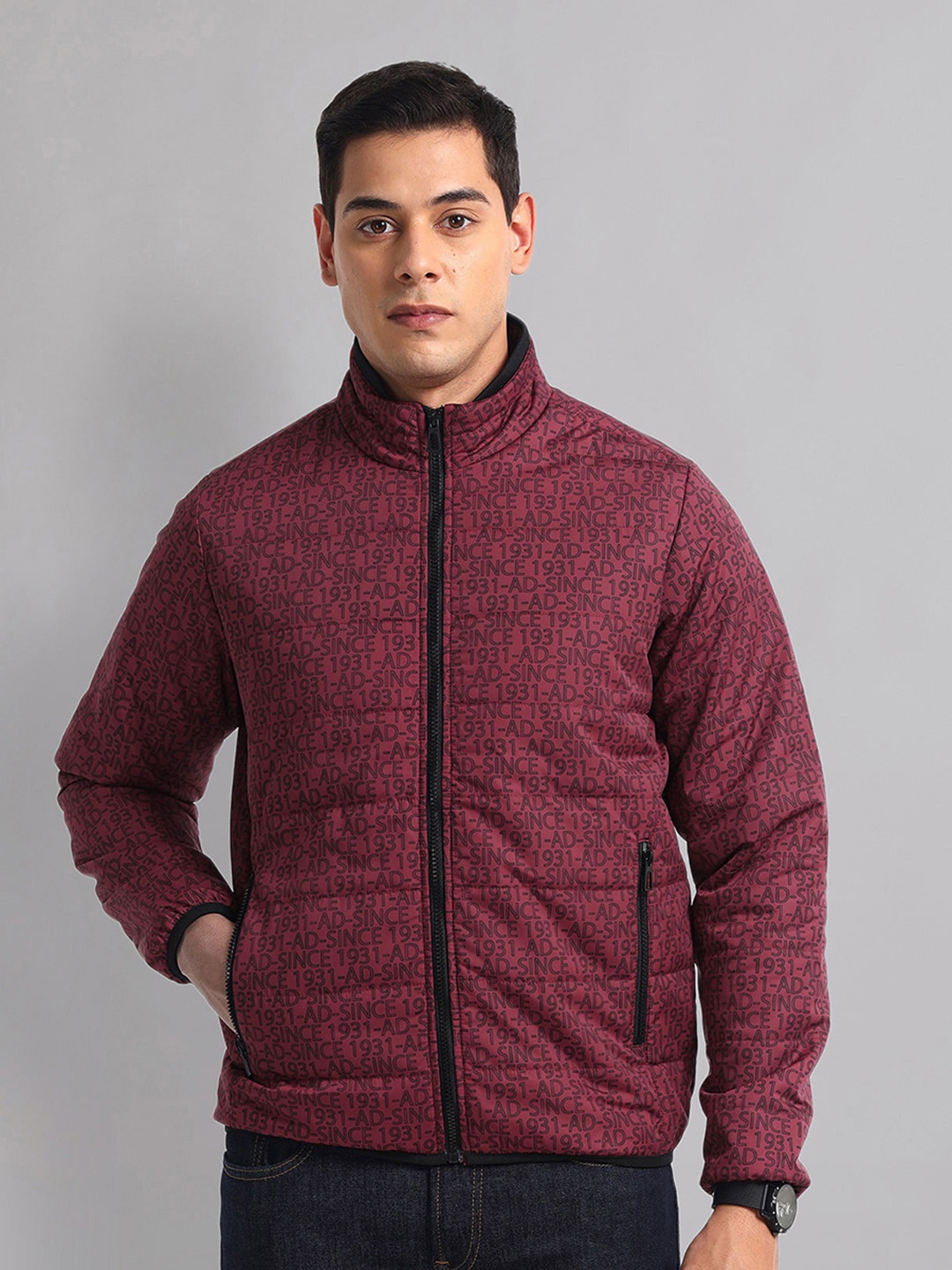 

AD By Arvind Men Mock Collar Typography Printed Casual Padded Jacket, Maroon