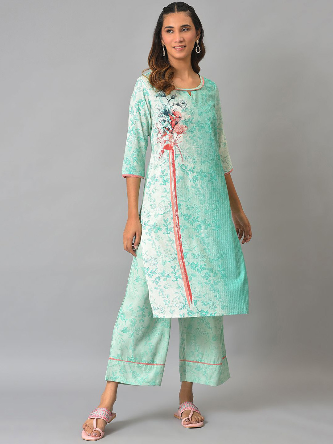

AURELIA Floral Printed Round Neck Straight Kurta with Palazzo, Green