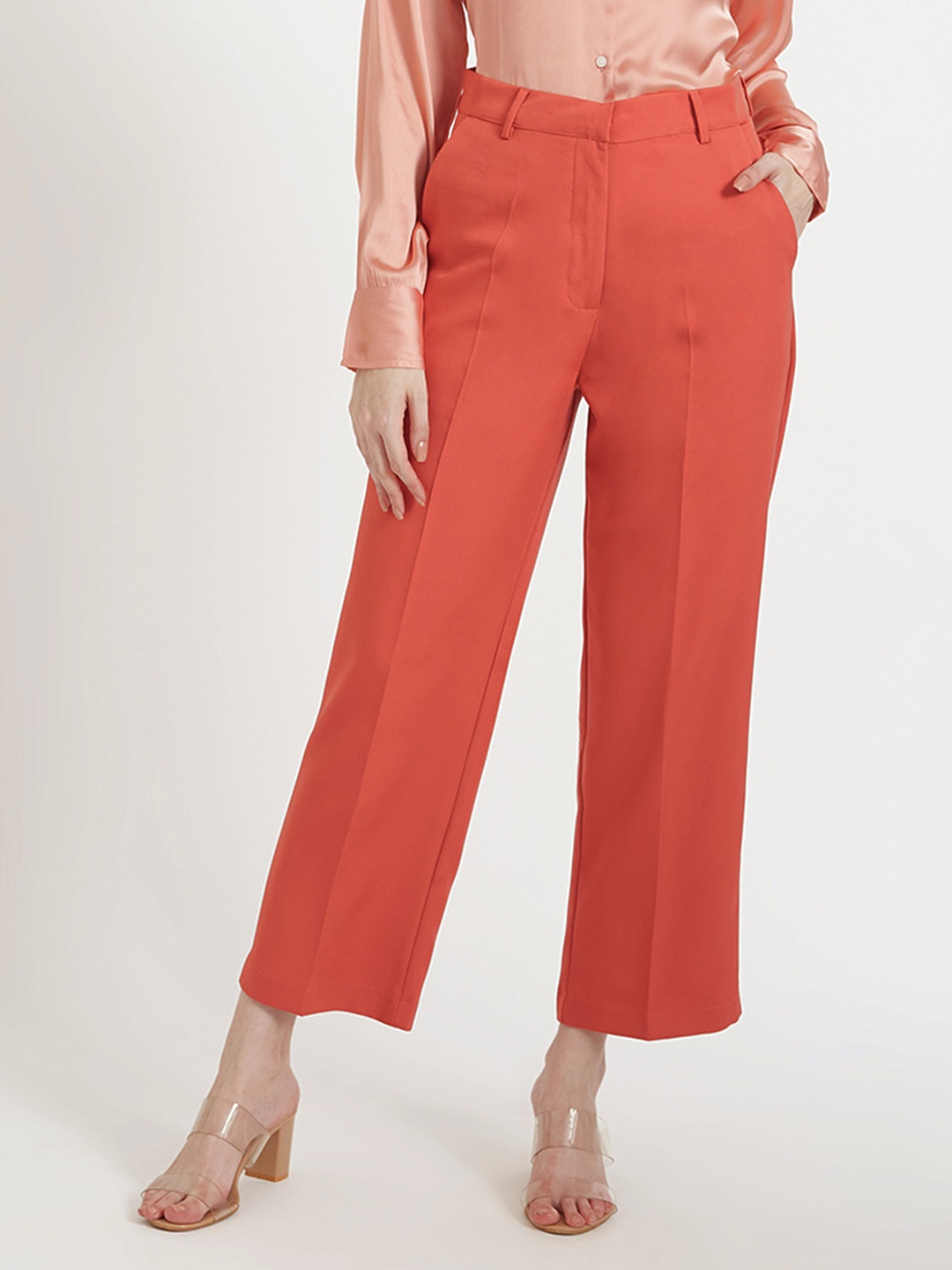 

AMSWAN Women Smart Straight Fit High-Rise Cigarette Trousers, Red