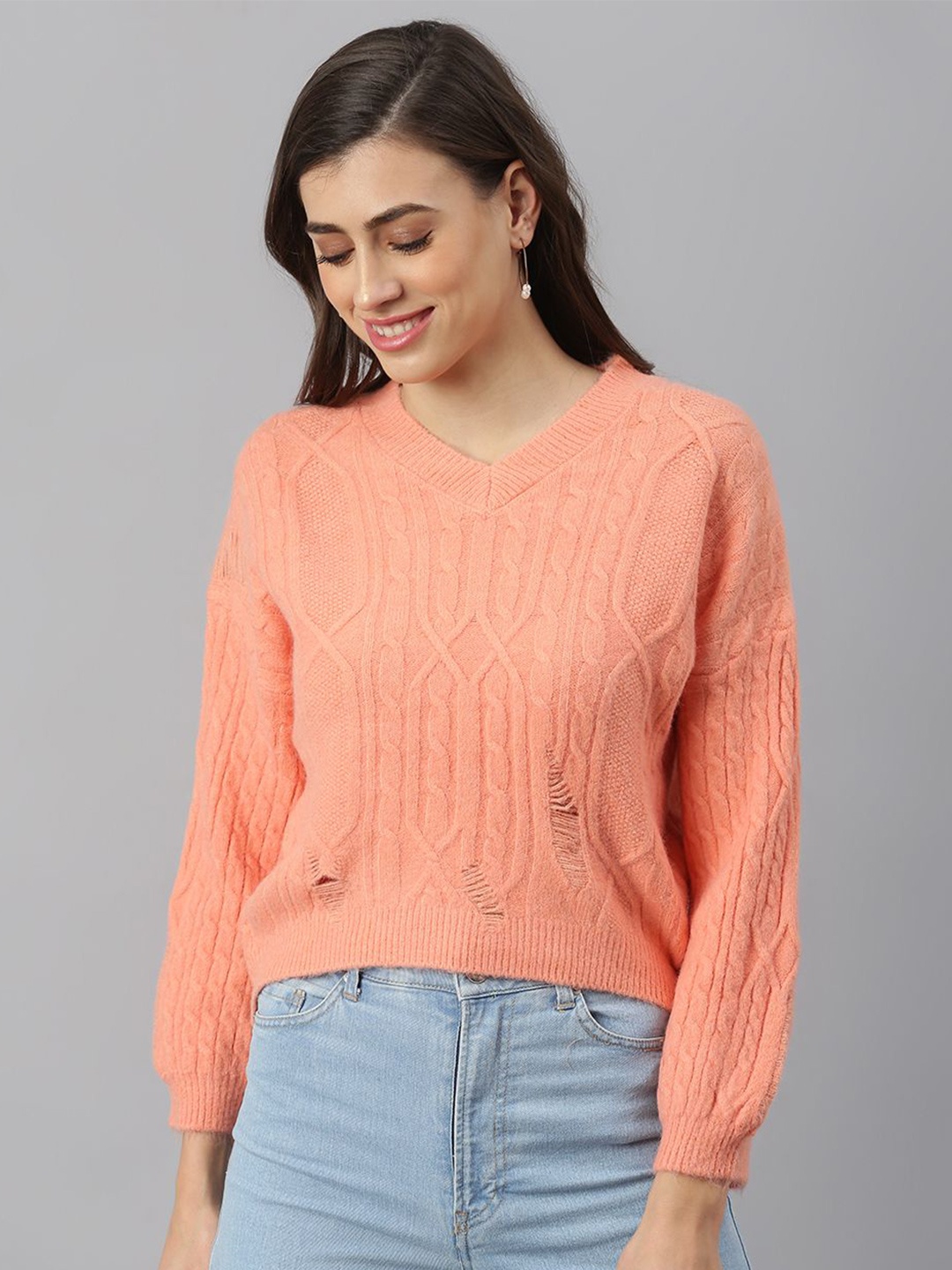 

Xpose Women Cable Knit V-Neck Pullover Ribbed Sweater, Orange