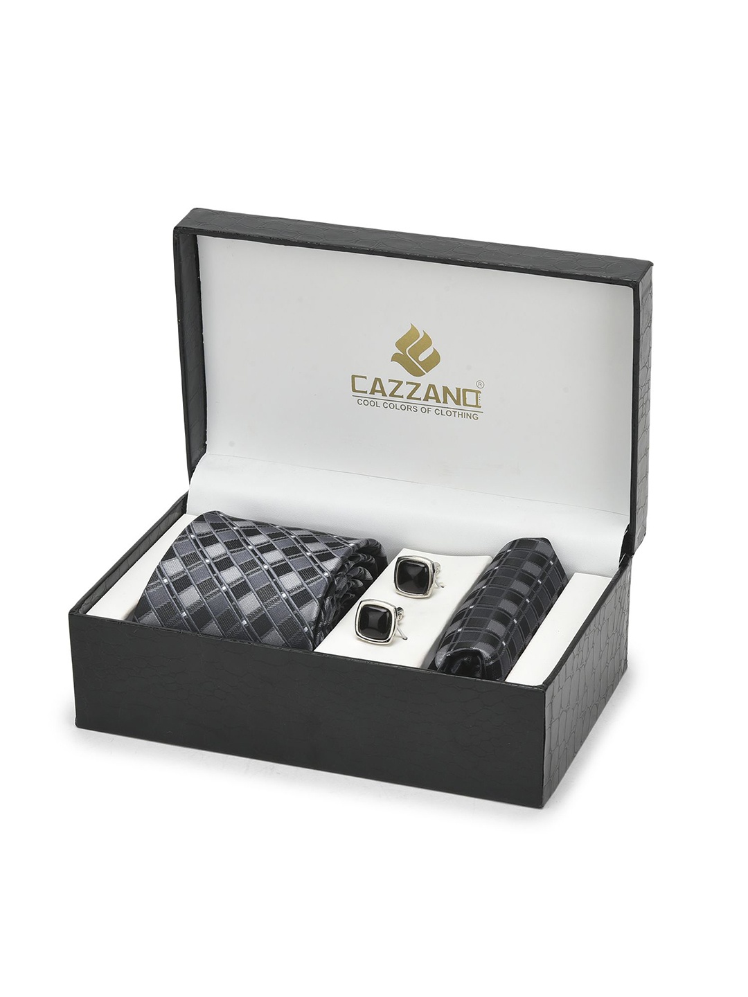 

Cazzano Men Checked Embroidered Slim Tie Cufflinks & Pocket Square Accessory Gift Set, Grey