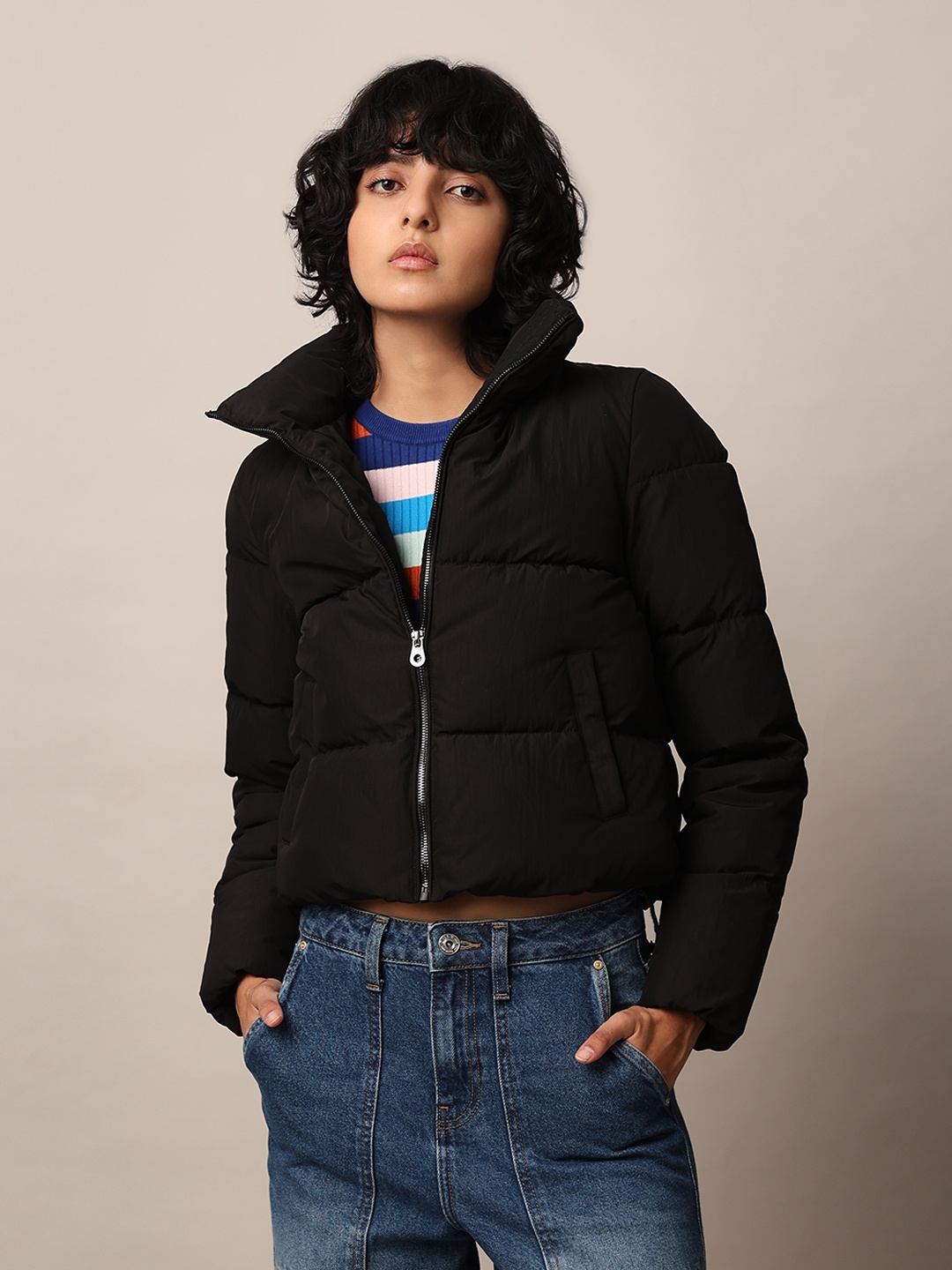 

ONLY Women Mock Collar Solid Casual Puffer Jacket, Black
