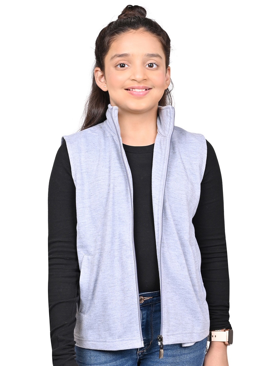 

BAESD Girls Mock Collar Solid Fleece Casual Open Front Jacket, Grey melange