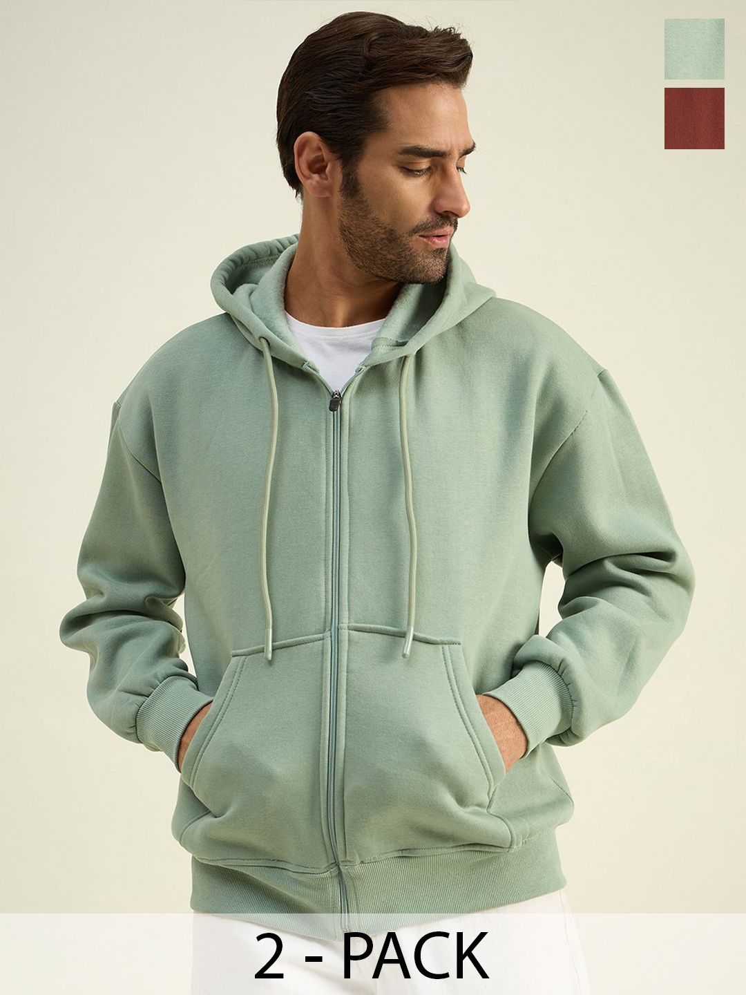 

COLOR CAPITAL Unisex Pack Of 2 Solid Hood Cotton Ribbed Sweatshirts, Green