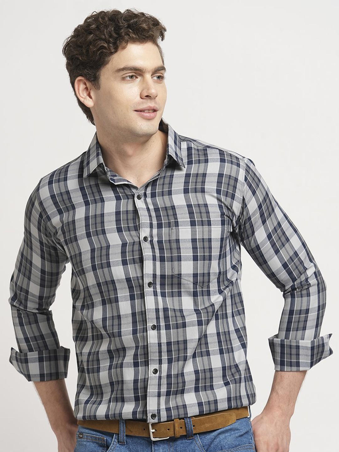 

TRYBUY.IN Men Standard Spread Collar Tartan Checked Cotton Casual Shirt, Navy blue