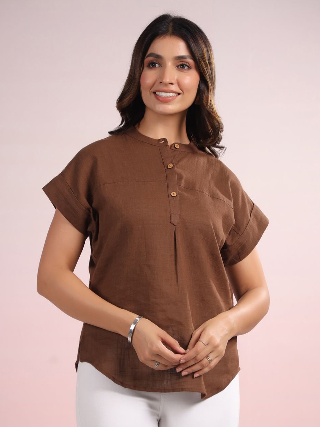 

LYFJ Women Solid Mandarin Collar Cotton Top, Brown