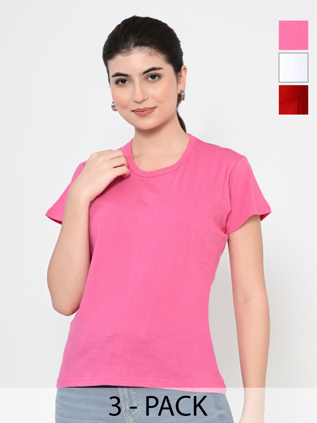 

BAESD Women Pack Of 3 Solid Round Neck Cotton T-shirts, Pink