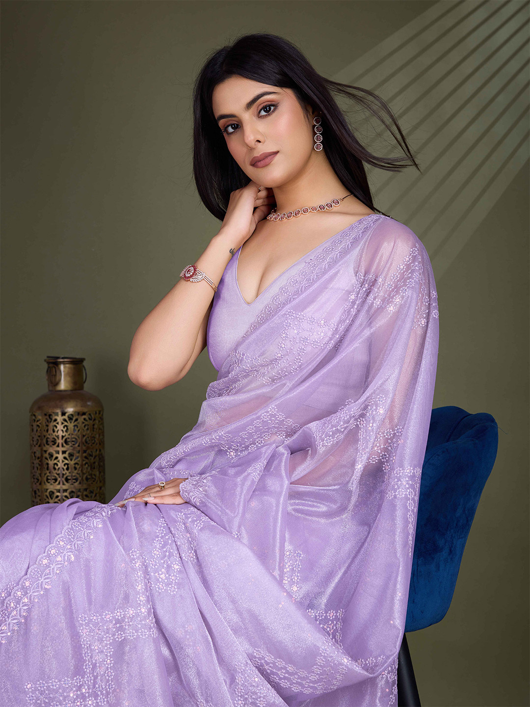 

Mitera Embroidered Net Saree, Lavender