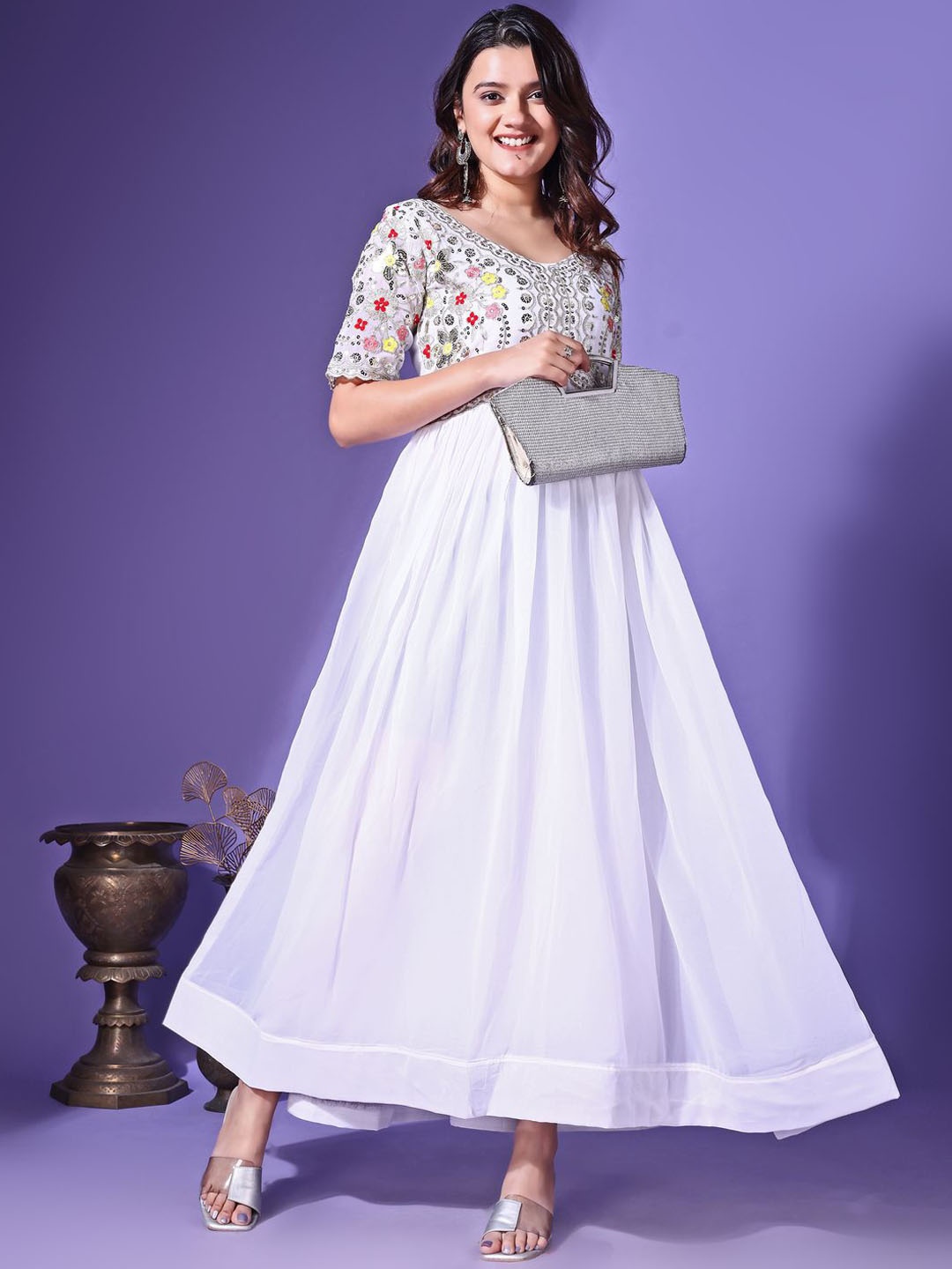 

KALINI Women Floral Thread Work Georgette Anarkali Kurta, White