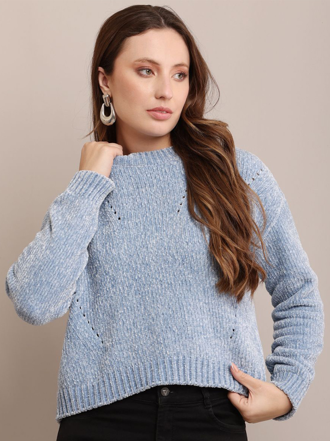 

NoBarr Women Ribbed Self Design Round Neck Pullover Ribbed Sweater, Blue
