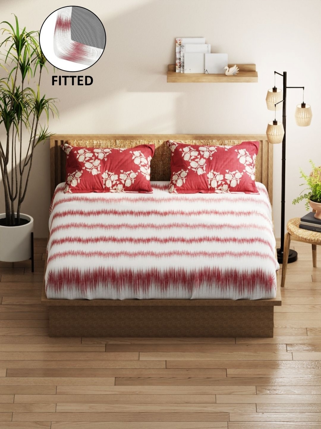 

KOPA White Abstract 152 TC Microfiber Fitted Double Queen Bedsheet-1.68 m X 1.98 m X 25 cm, Pink