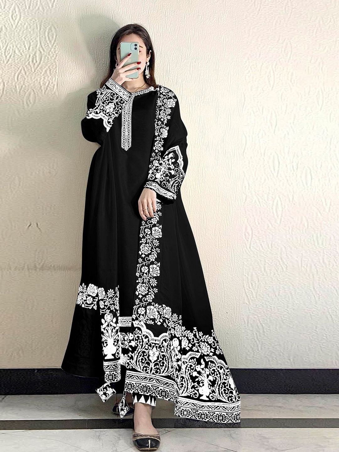 

ODETTE Floral Embroidered Thread Work Georgette Semi Stitched Dress Material, Black