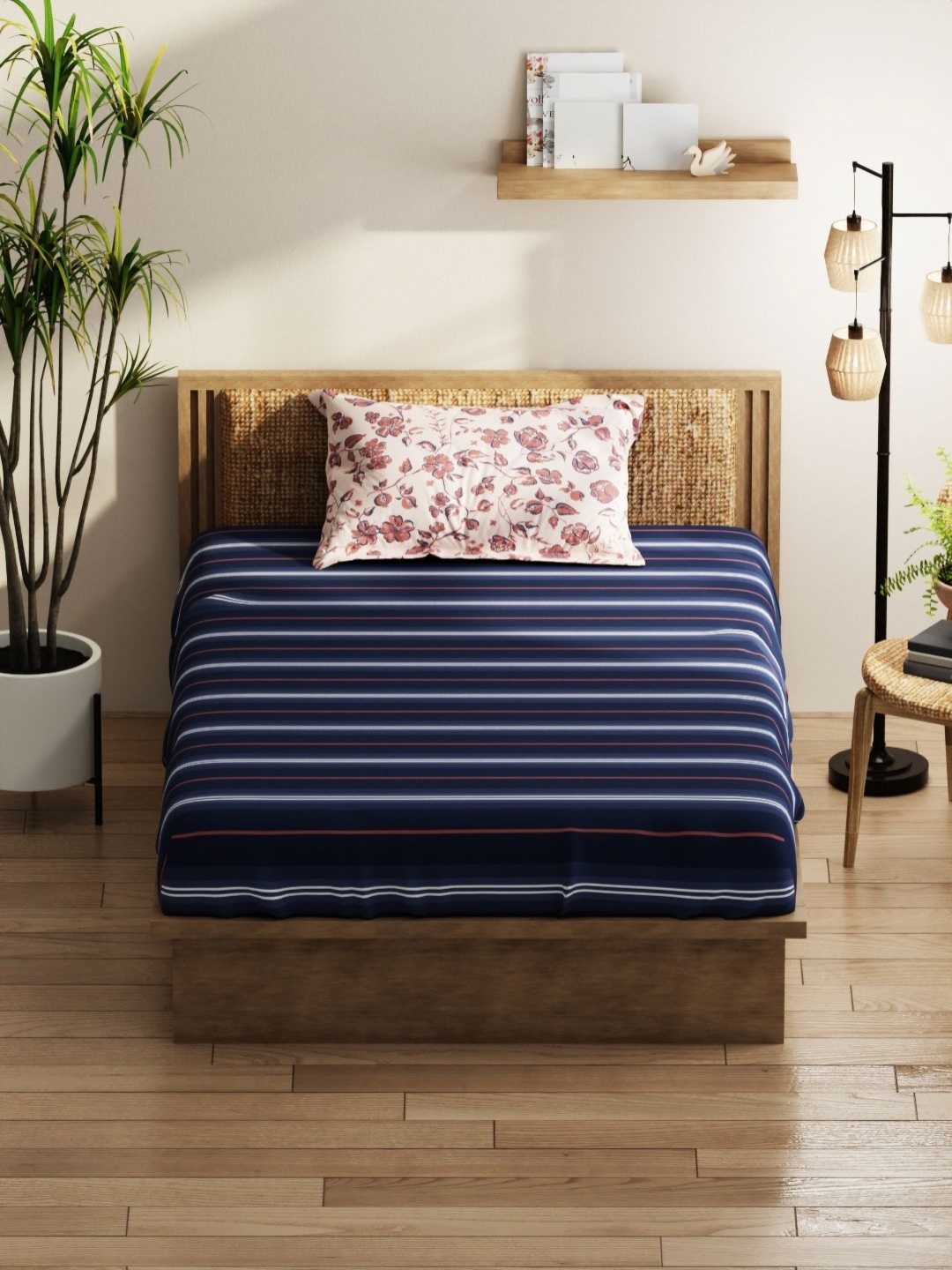 

KOPA Blue Striped 152 TC Microfiber Single Bedsheet with 1 Pillow Cover-1.50 m X 2.18 m
