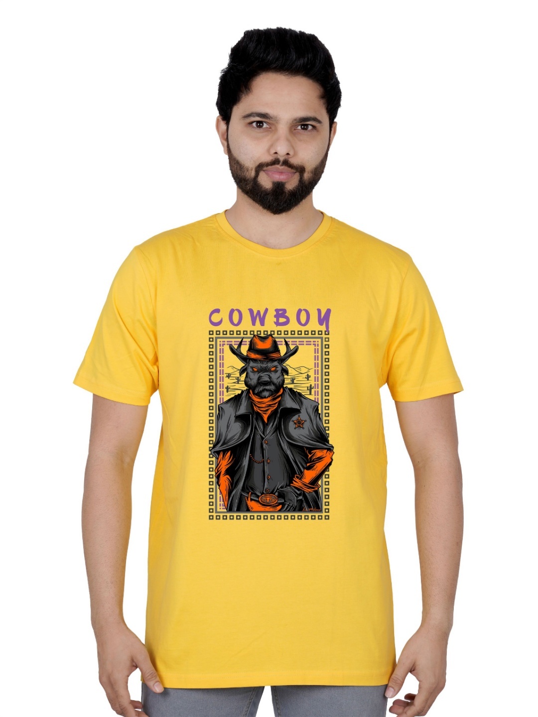 

LA MILANO Men Graphic Printed Round Neck Pure Cotton Slim Fit T-shirt, Yellow
