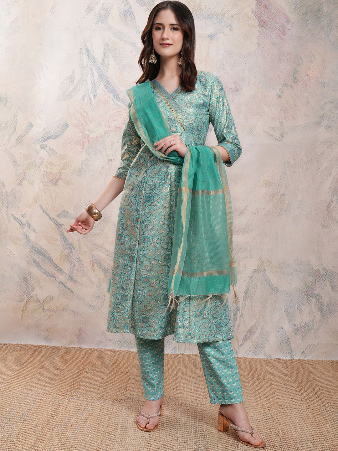 

Vishudh Floral Anarkali Kurta With Trousers & Dupatta, Blue