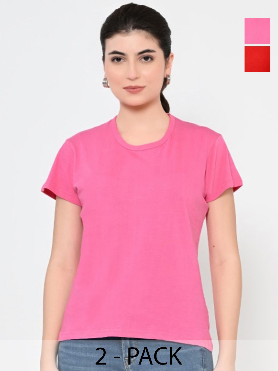 

BAESD Women Pack Of 2 Solid Round Neck Cotton T-shirts, Pink