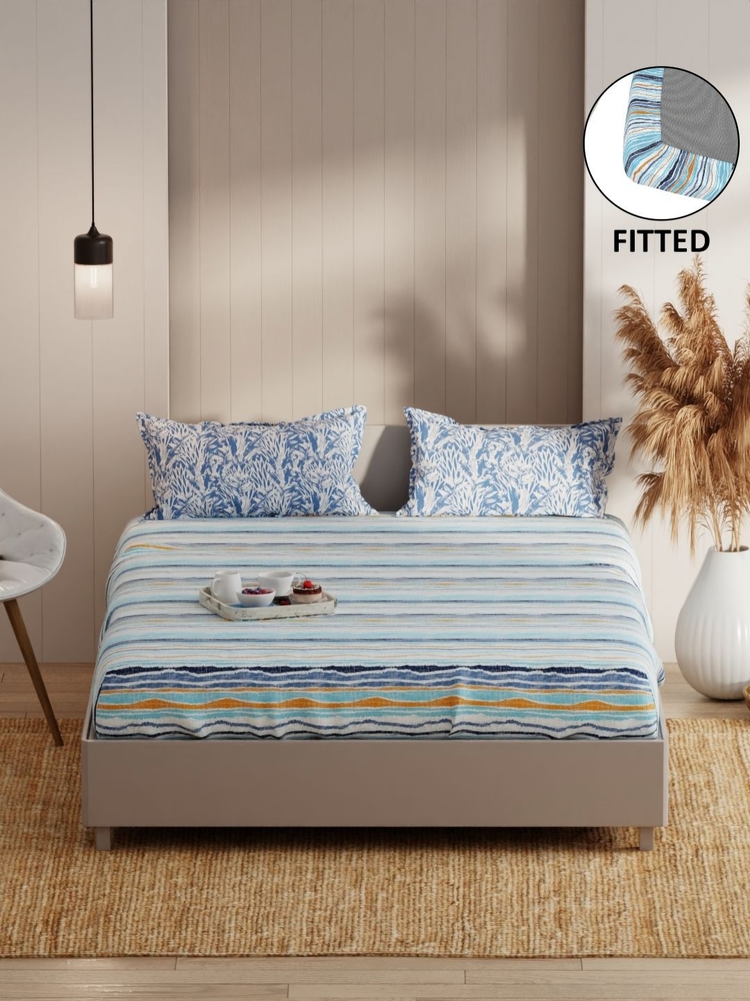 

KOPA Blue Striped 152 TC Microfiber Fitted Double Queen Bedsheet Set-2.31 m X 2.54 m